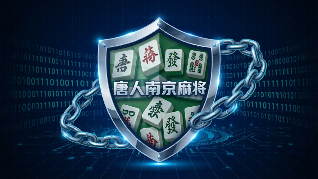 一张以“唐人南京麻将”安全防护为主题的图片,画面中央是一个盾牌图标,盾牌表面有麻将牌纹理,周围环绕着锁链和二进制代码流,背景是深蓝色科技感网格,风格为安全概念插画,细节包括盾牌的高光反射和代码的发光效果,画质清晰,干净,无多余元素