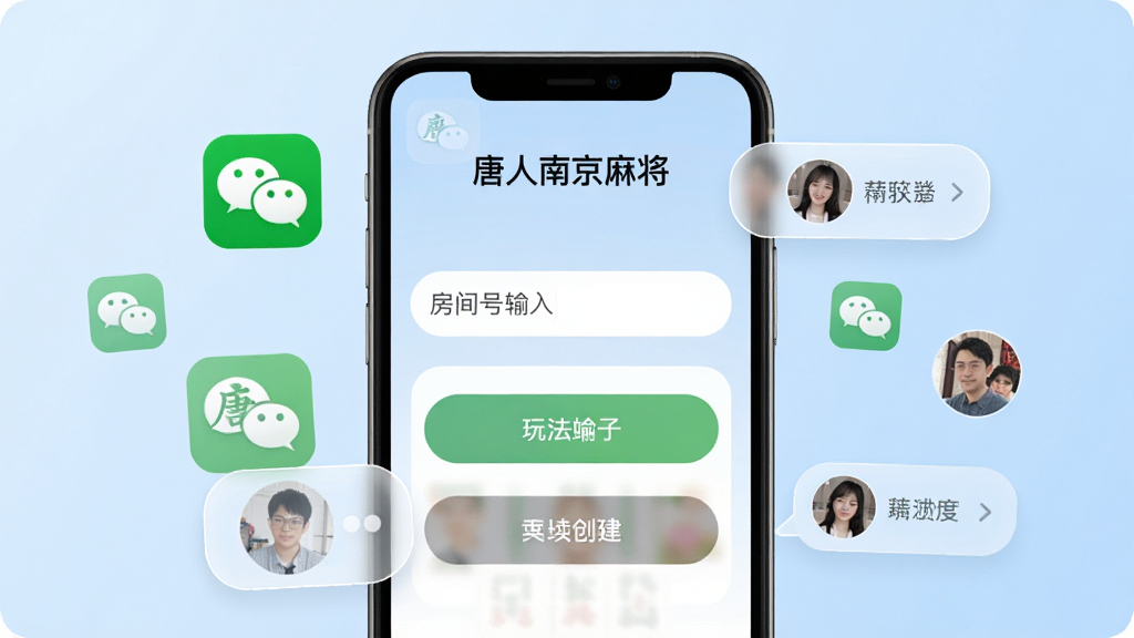一张展示“唐人南京麻将”好友房创建界面的图片,画面中央是一个手机屏幕,屏幕上显示房间号输入框和玩法选项按钮,周围环绕着微信图标和好友头像气泡,背景是柔和的浅蓝色渐变,风格为手机应用界面展示图,细节包括按钮的圆角设计和气泡的透明感,画质清晰,干净,无多余元素