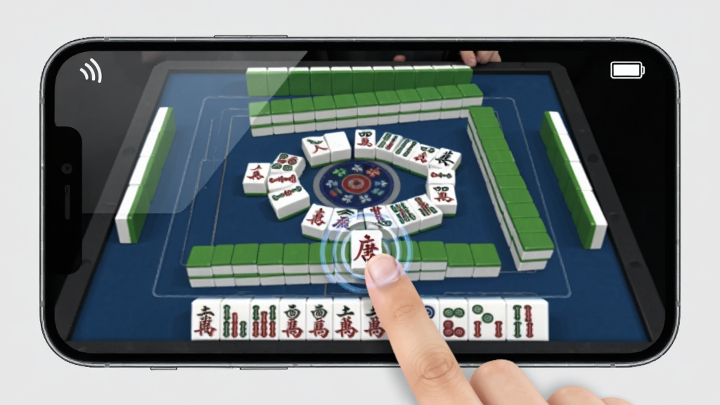 一张展示“唐人南京麻将”移动端操作界面的图片,画面中央是一部横向放置的智能手机,屏幕上显示麻将牌桌和玩家手牌,手指正在点击一张麻将牌,周围有网络信号图标和电池图标,背景是简洁的浅灰色,风格为手机游戏操作演示图,细节包括手指的点击涟漪效果和屏幕的玻璃反光,画质清晰,干净,无多余元素