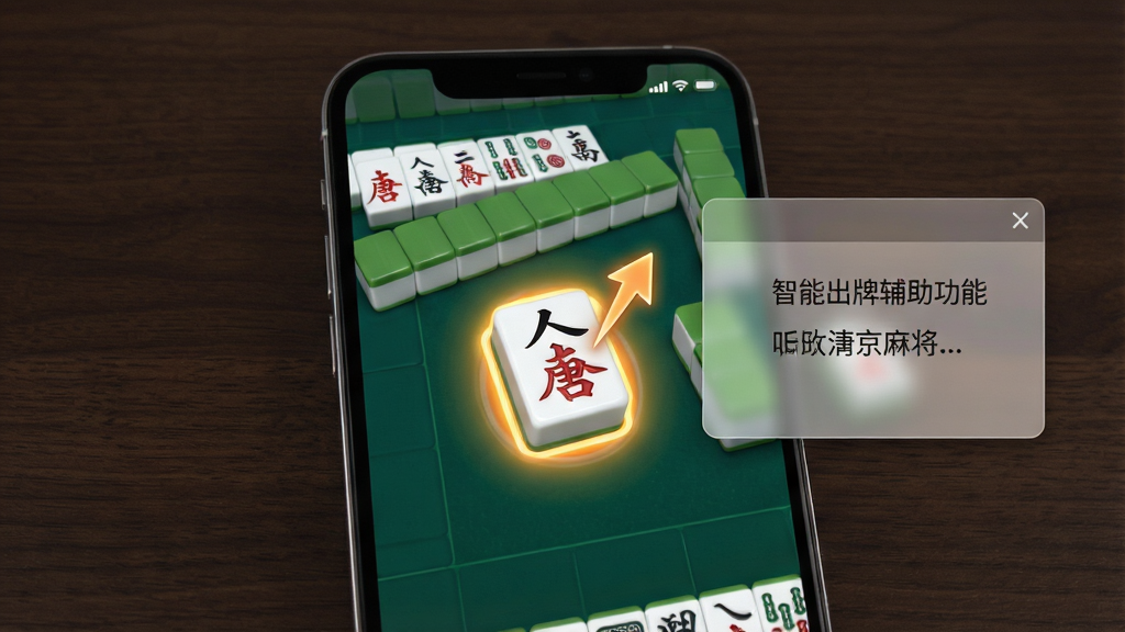 一张展示“唐人南京麻将”智能出牌辅助功能的图片,画面中央是一部手机,屏幕上显示麻将手牌,其中一张牌被高亮标注并带有箭头提示,旁边有听牌提示浮窗,背景是简洁的深色木纹桌面,风格为游戏功能演示图,细节包括高亮牌的光晕效果和浮窗的半透明质感,画质清晰,干净,无多余元素