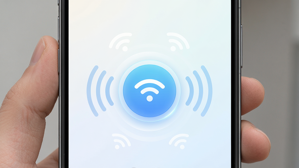 һ��չʾȫ���ں�һ����������WiFi���ܵĽ���ͼ������Ϊ�ֻ���Ļ��д������������һ����Ŀ��Բ�����Ӱ�ť����ť��Χ������WiFi�źŲ���ͼ�꣬����Ϊǳɫ���䣬���ּ�����ˣ����Ϊ�ִ���ƽ��UI��ƣ�ϸ���ϰ�ť����΢��Ч�������ʸ��壬�ɾ����޶���Ԫ��