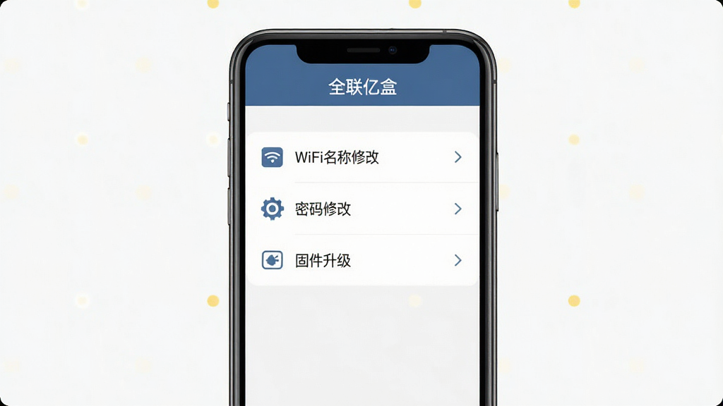 һ��չʾȫ���ں��豸������̼��������ܵĽ���ͼ������Ϊ�ֻ���Ļ����������ʾһ�����ò˵��б�������WiFi�����޸ġ������޸ġ��̼�������ѡ������С�ȫ���ںС����⣬�������������Ϊ���򹤾���Ӧ����ƣ�ϸ���ϲ˵������ͼ��ͼ�ͷָʾ�����ʸ��壬�ɾ����޶���Ԫ��