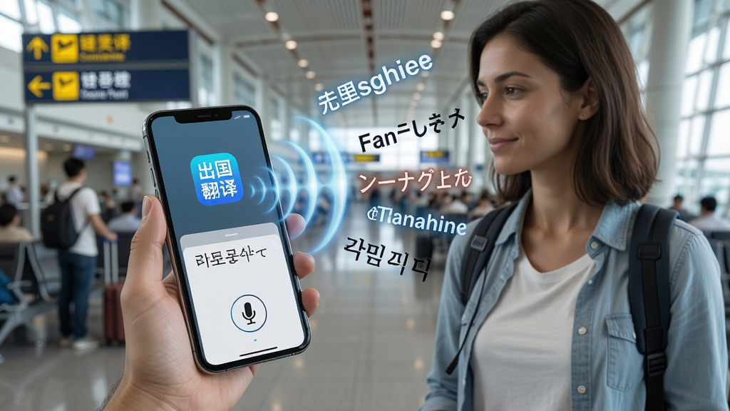һ��չʾ����������������ʵʱ�������빦�ܵ�AI��ͼ������������һλ�������ֳ��ֻ����ֻ���Ļ��������״�Ĺ�â����â�и��ֳ����ġ�Ӣ�ġ����ġ����ġ����ĵȶ������Ե����ַ��ţ������Ƿ�æ�Ĺ��ʻ���������������Ϊдʵ�Ƽ��磬ϸ�ڰ����ֻ��ϵĳ���������APPͼ�ꡢ��˷簴ť�����������ֿ򣬻�������������ɾ����޶���Ԫ��