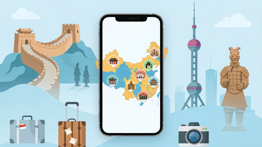 һ��չʾ China Travel �ֻ�Ӧ��������ĳ���ͼ������������һ�����������ֻ�����Ļ����ʾ���й���ͼ�Ͷ�����еر�ͼ�꣬�����ǵ���ɫ����������廭��񣬰������ǡ��������顢����ٸ���й�Ԫ�ؼ�Ӱ�����岼�ּ�����������Ϊ�ִ���ƽ����ƣ�ϸ�����ֻ���Χɢ����С����������ͼ�꣬���ʸ���ɾ����޶���Ԫ��