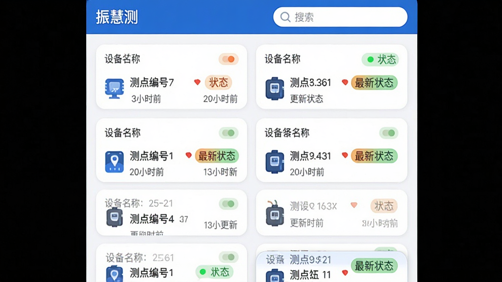 ����Ϊ��۲�Ӧ�����豸����ҳ�棬չʾ��̨�豸��Ƭʽ�б���ÿ�ſ�Ƭ�����豸���ơ������������״̬��ǩ�����ֲ�����������б����Ű涥��Ϊ����۲⡱�������������򣻷��Ϊ��ˬ����磬�׵����֣�Բ�ǿ�Ƭ��ϸ�ڰ���״ָ̬ʾ�ơ�����ʱ������豸����ͼ�ꣻ���ʸ��壬�ɾ����޶���Ԫ�ء�