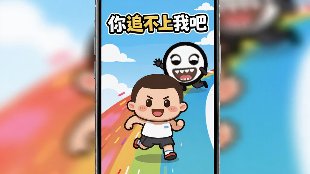 手机屏幕竖版画面,中央是一个卡通贱萌风格的小人正在彩色赛道上奔跑,身后有一个夸张的追赶者表情包,画面顶部有