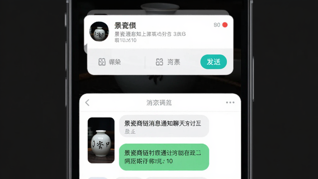 ����������Ϣ֪ͨ��������棬����չʾ�ֻ���Ļ���Ϸ�Ϊ��Ϣ֪ͨ�������·�Ϊ����Ի��򣬶Ի��������մɲ�ƷͼƬ��������Ϣ������Ϊ��ɫ������Ϊ���½ṹ�����Ϊ�ִ��罻�����磬ϸ�ڰ���δ����Ϣ��㡢���Ͱ�ť�������������ɾ��޶���Ԫ��