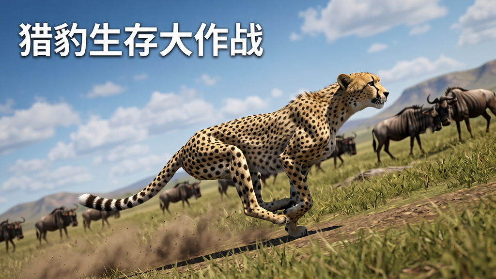 一只猎豹在广阔非洲草原上奔跑,背景是蓝天白云和成群的角马,画面左上角用白色文字写着“猎豹生存大作战”,主体为猎豹奔跑的动态姿势,布局采用对角线构图,排版留白充足,风格为写实游戏截图,细节包括草地纹理、扬起的灰尘、远处的山丘,画质高清,干净,无多余元素