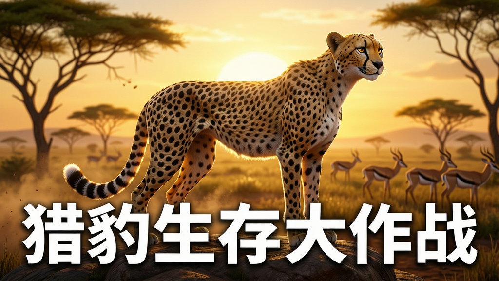 一只矫健的成年猎豹站在非洲大草原的岩石上,身后是金色的夕阳与稀疏的金合欢树,画面中央用粗体白色文字写着“猎豹生存大作战”,主体突出,布局采用中心构图,排版简洁大气,风格为写实3D游戏宣传图,细节包括猎豹身上的斑点纹理、扬起的尘土、远处的羚羊群,画质高清,干净,无多余元素