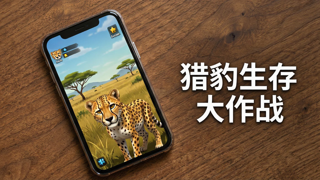 一部智能手机放置在木质桌面上,屏幕显示猎豹生存大作战的游戏主界面,画面旁边用白色文字写着“猎豹生存大作战”,主体为手机与游戏画面,布局采用俯视角度,排版简洁,风格为数码产品实拍图,细节包括手机边框的反光、桌面纹理、屏幕中的草原场景,画质高清,干净,无多余元素
