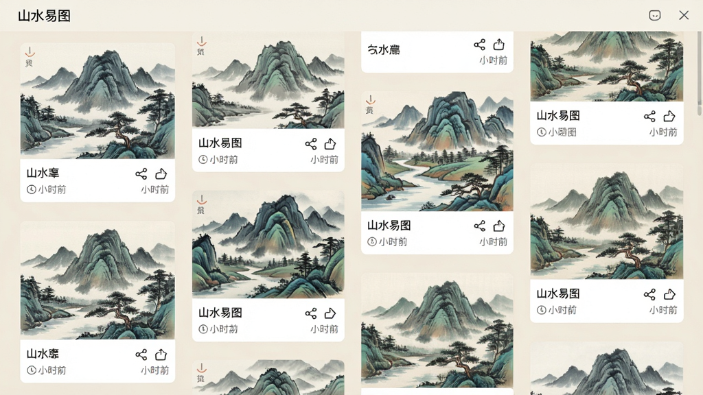������ɽˮ��ͼ�������ƶ˻��Ƚ��棬����Ϊ�ٲ���ʽ����ͼ���У�ÿ������ͼչʾ��ͬ����ɽˮ����Ʒ���Ű�������£����Ϊ��Լ��ˬ��ϸ�ڰ�����Ʒ�·��ı������֡�����ͼ�ꡢʱ���ǩ������Ϊǳ��ɫ�����ʸ��壬�ɾ����޶���Ԫ�أ����������ֱ�ע��ɽˮ��ͼ����