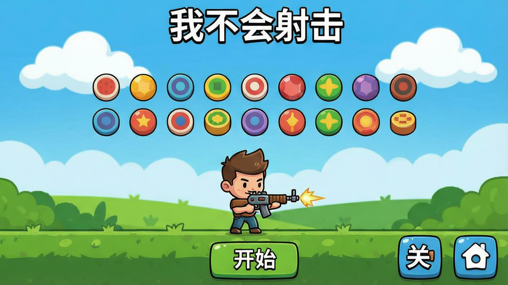 一张休闲射击游戏主界面截图,画面中央是卡通风格的射击场景,主角手持简易武器站在画面下方,上方排列着彩色目标物,背景是蓝天白云和绿色草地,界面顶部显示游戏名称“我不会射击”,底部有开始按钮和关卡选择图标,整体风格清新明快,画质清晰,干净无多余元素