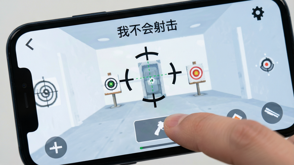 一张手机屏幕特写图,画面中一根手指正在点击屏幕上的射击按钮,屏幕内显示“我不会射击”游戏画面,有瞄准线和目标物,背景是简洁的浅色界面,风格干净清爽,画质高清,无多余装饰元素