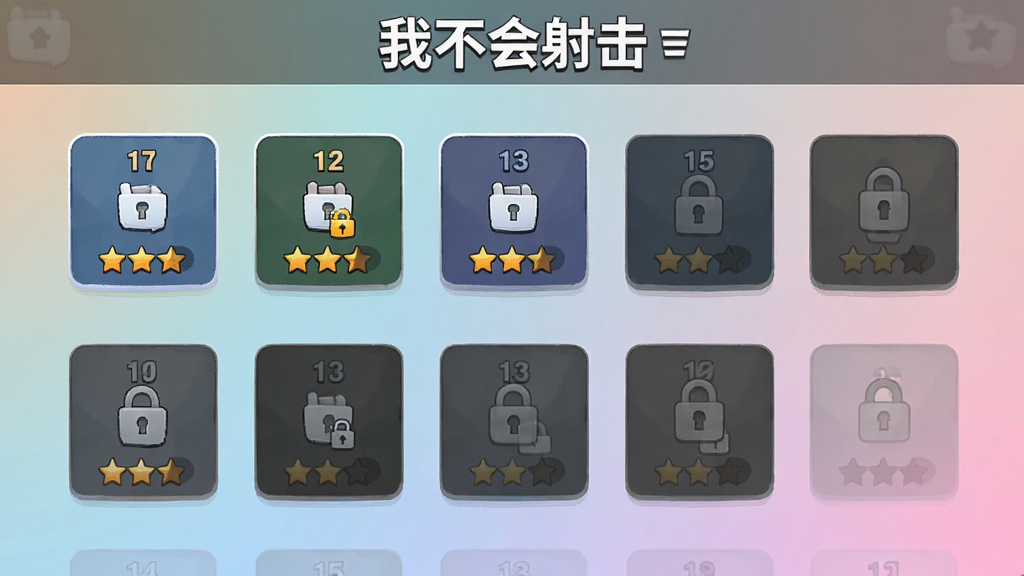 一张游戏关卡选择界面截图,画面中排列着多个方形关卡图标,每个图标上标注着数字和星级,部分已解锁部分未解锁,顶部显示“我不会射击”游戏标题,背景是柔和的渐变色调,风格简约现代,画质清晰,布局整齐干净