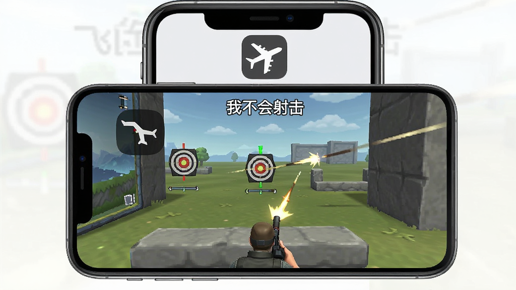 一张手机显示飞行模式图标与游戏画面并存的示意图,画面中手机屏幕上方有飞机图标表示离线状态,屏幕中央是“我不会射击”游戏进行中的场景,有目标物和射击轨迹,背景简洁,风格写实,画质清晰,干净无多余元素