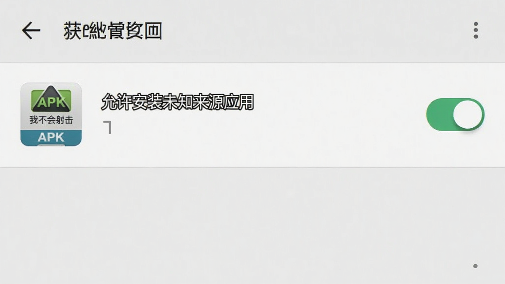 一张手机设置界面的截图,画面中显示“允许安装未知来源应用”的开关按钮处于开启状态,旁边有“我不会射击”APK安装包的图标,界面为安卓系统设置风格,画质清晰,布局简洁,干净无多余元素