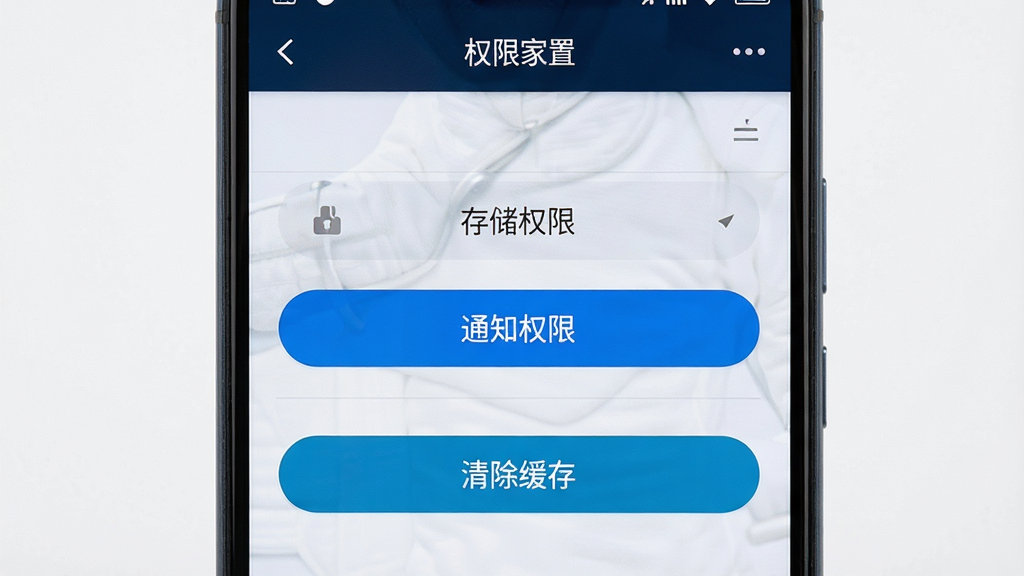 画面主体是一部安卓手机屏幕特写,屏幕上显示击剑家软件的权限设置界面和缓存清理按钮,布局采用居中特写构图,手机屏幕占据画面主体,排版为科技数码评测风格,风格干净简洁,细节上要清晰展示“存储权限”、“通知权限”、“清除缓存”等按钮文字,画质要求高清微距,背景为纯色无杂物。