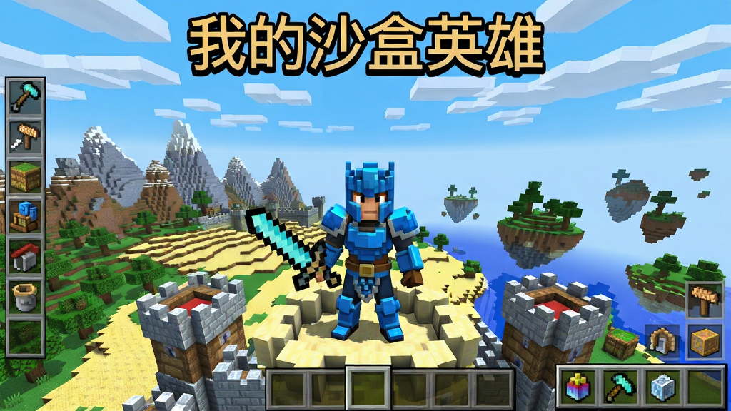 画面中央一位身穿蓝色铠甲、手持像素宝剑的英雄角色站在方块搭建的城堡顶端,背景是广阔的沙盒世界,远处有山脉、树木和漂浮的方块岛屿,天空呈现明亮的蓝天白云,画面四周分布着建造工具栏和物品快捷栏的UI元素,整体采用像素方块美术风格,色彩鲜艳明快,细节丰富,画质清晰干净,画面中无多余杂乱元素,游戏标题文字“我的沙盒英雄”以像素字体显示在画面正上方