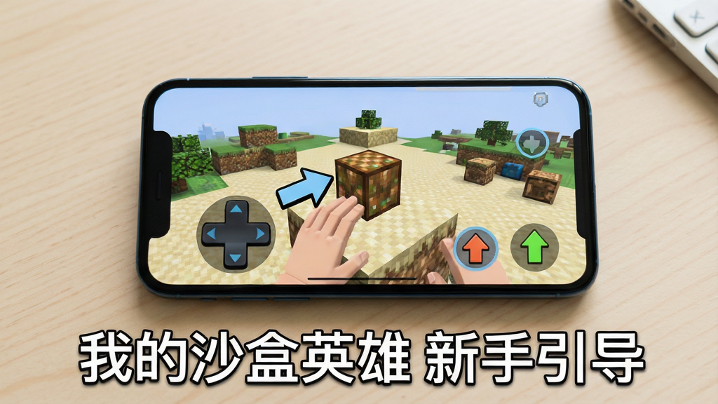 一部智能手机屏幕上显示像素沙盒游戏画面,一位新手玩家正在按照引导放置第一个方块,画面旁边有提示箭头指向虚拟摇杆和跳跃按钮,背景是简洁的浅色桌面,手机下方标注“我的沙盒英雄 新手引导”文字,整体风格干净清爽,画质清晰,无多余元素
