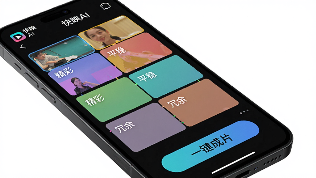 AI���ܼ������ܽ��棬�ֻ���Ļ��ʾ��ƵƬ�α��Զ��ָ�ɶ����ɫɫ�飬ÿ��ɫ���ע�����ʡ���ƽ�ȡ������ࡱ�ȱ�ǩ���·��С�һ����Ƭ����ť������Ϊ��ɫ�������д��С���ӳAI��logo�������Ƽ��У������������޶���Ԫ��