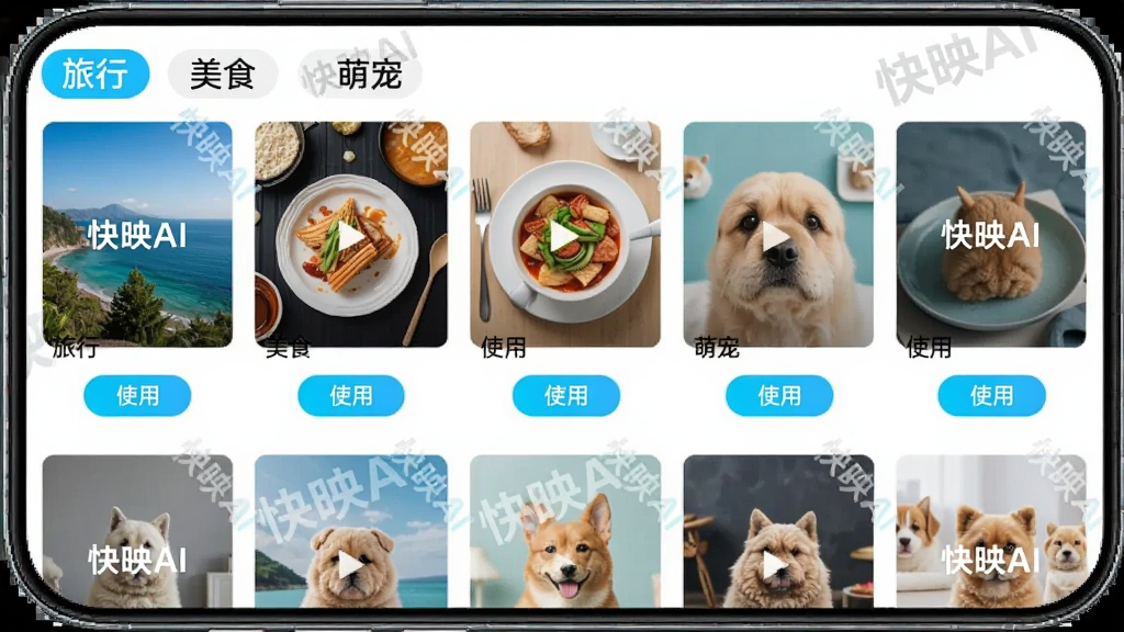��ӳAIģ�����Ľ��棬�ֻ���Ļ��������ʽչʾ�����Ƶģ������ͼ��ÿ������ͼ�·���ģ�����ƺ͡�ʹ�á���ť�������з����ǩ�硰���С�����ʳ�����ȳ衱��������ɫ�������������С���ӳAI������ˮӡ�����沼�����룬���ʸ��壬�޶���Ԫ��