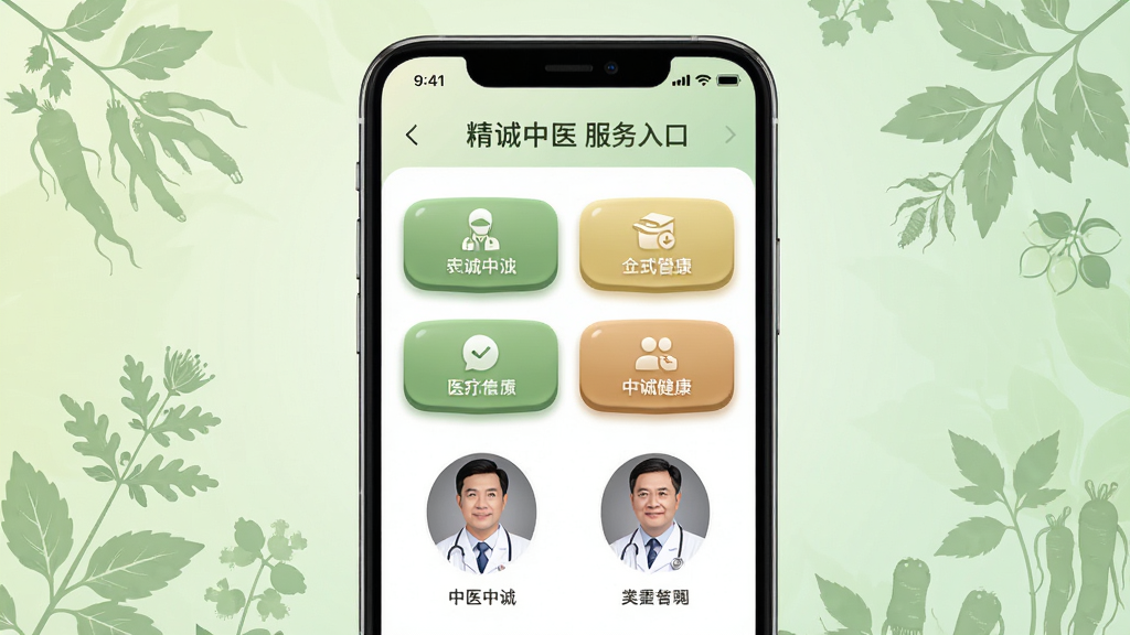 ��������Ϊһ���ֻ���Ļ��ʾ������ҽ�ķ������ҳ�棬ҳ�����ж�����ܰ�ť����ҽʦͷ��չʾ�����ֲ����ֻ�����չʾ������Ϊ����ɫ���䣬��Χ�����ŵ������в�ҩֲ���Ӱ�����Ϊ��ܰרҵ��ҽ�ƽ�����APPչʾ�磬ϸ���ϰ�ť����΢����У�ͷ������������Ϊ���徫�£�����ɾ����޶���Ԫ�ء�