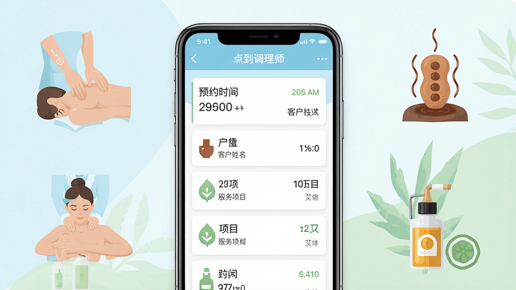 һ��չʾ�㵽����ʦ�ֻ�Ӧ���������ͼƬ������������һ�����������ֻ�����Ļ����ʾ�㵽����ʦAPP�Ķ����б�ҳ�棬����ԤԼʱ�䡢�ͻ�������������Ŀ����Ϣ��Ƭ�������������࣬�ֻ���Χ���������á����ġ�����ƿ�Ƚ�������Ԫ�صı�ƽ��ͼ�꣬����������רҵ��ɫ����ǳ������ɫ�͵���ɫΪ����ϸ�ڷḻ�����ʸ��壬�ɾ��޶���Ԫ�ء�