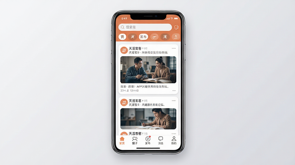 ���Ŀ�APP��Ȥ�罻��̳�ֻ���������չʾ�������������һ�����������ֻ�����Ļ�ڳ������Ŀ�APP��ҳ��Ϣ����������������������ǩ���в�Ϊͼ�Ŀ�Ƭʽ�����б����ײ�Ϊ����������ҳ��Ȧ�ӡ���������Ϣ���ҵ����ͼ�꣬���ּ���������Ű��������򣬷��Ϊ�ִ���ƽ��UI��ƣ�ϸ����ע�ؿ�ƬԲ���������Ӱ�����ʸ���ɾ����޶���Ԫ�أ�����Ϊǳ�ҽ����ɫ������ɫ����ů����