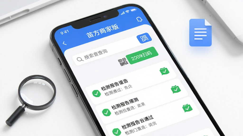 һ���ֻ���Ļ��д����ʾ�緽�̼Ұ�Ĳ�Ʒ��ⱨ���ѯҳ�棬ҳ��������һ���������ɨ�밴ť���·��г�������ⱨ���¼��ÿ����¼������ɫͨ����ʶ���ֻ���Χ�зŴ󾵺��ļ�ͼ����Ϊװ�Σ�����Ϊ�ɾ��İ�ɫ���棬�����Ƽ��У�����������������Ԫ�ء�