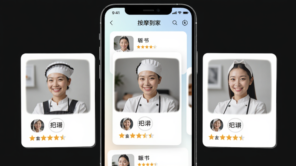 ��Ħ����APP��ʦ�б�ҳ�棬�ֻ���Ļ��ʾ��λ��ʦͷ���������Ǽ�������Ϊǳɫ���䣬��������ͻ����ʦ��Ƭ��������¼�Լ��ϸ�ڷḻ�����ʸɾ����޶���Ԫ��