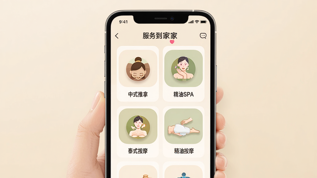 ��Ħ����APP������Ŀѡ����棬�ֻ���Ļչʾ��ʽ���á�̩ʽ��Ħ������SPA����Ŀͼ�꣬����Ϊ�����ɫ�����沼�����룬����ִ���ƽ��ϸ�����������ʸɾ����޶���Ԫ��