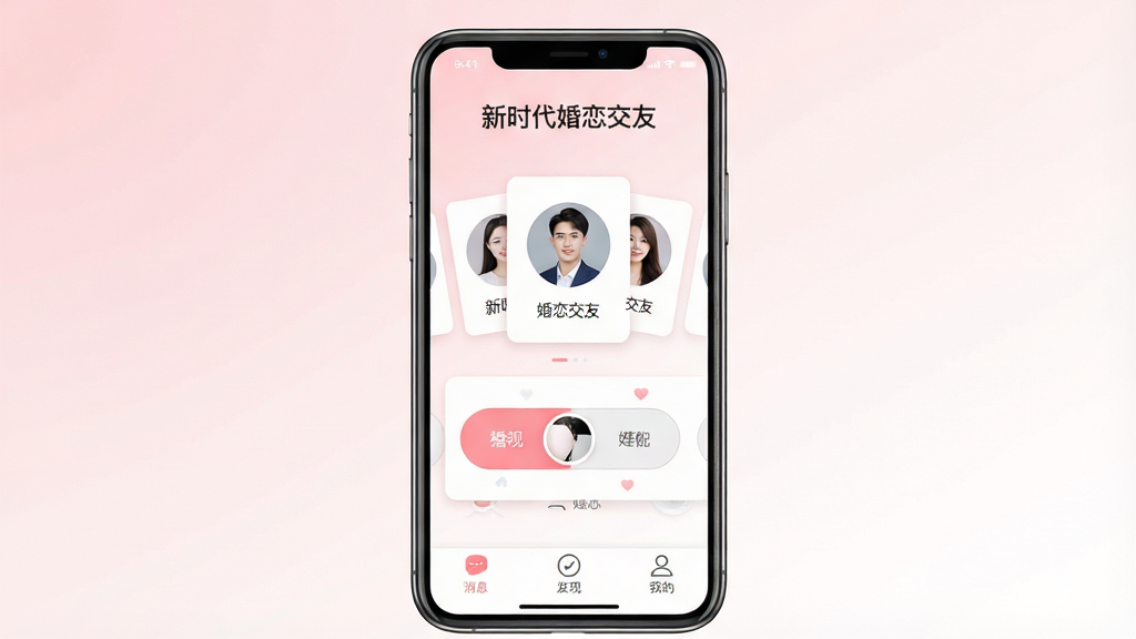 一张手机应用界面展示图,画面中央是一部竖屏智能手机,手机屏幕上显示新时代婚恋交友app的主页面,页面顶部有“新时代婚恋交友”文字标识,中间是用户头像卡片和滑动匹配按钮,底部有消息、发现、我的等导航图标,背景为柔和的浅粉与白色渐变,整体风格清新简洁,布局居中对称,细节清晰,画质干净,无多余元素