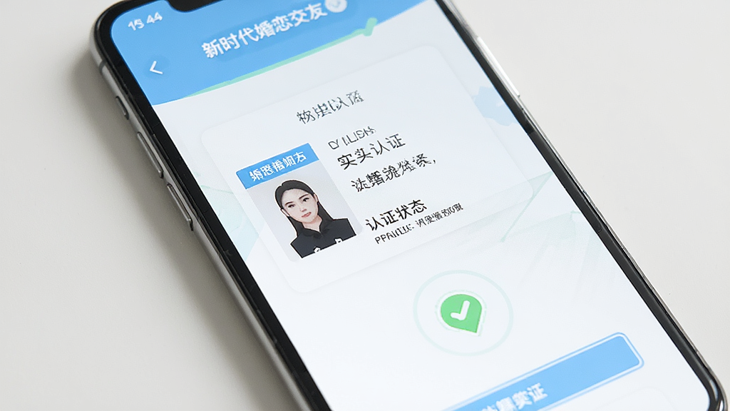 一张展示手机屏幕的图片,屏幕上显示新时代婚恋交友的实名认证页面,有身份证上传区域和认证状态标识,页面风格简洁,以白色和浅蓝色为主,画面干净整洁,画质清晰