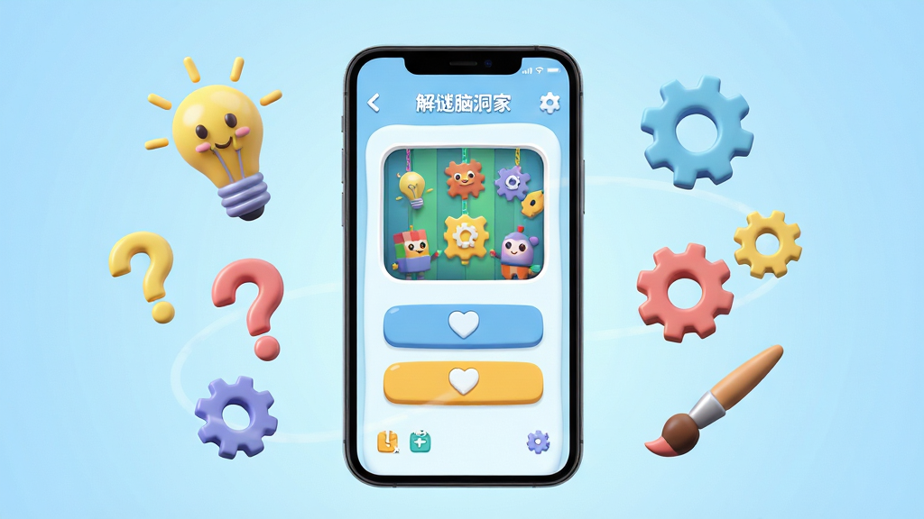 小小脑洞家软件主界面全貌展示,画面中央是手机屏幕,屏幕内呈现色彩明快的解谜关卡选择界面,周围环绕着灯泡、问号、齿轮、画笔等代表创意与思考的立体小图标,背景为柔和的浅蓝色渐变,整体布局居中对称,风格清新卡通,细节丰富,画质清晰干净,无多余元素