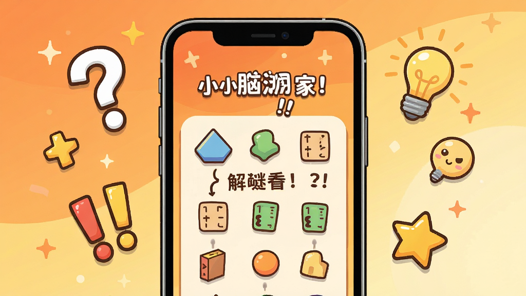 小小脑洞家游戏内关卡画面,画面中央是手机屏幕显示一道趣味解谜题,题目包含图形与文字线索,屏幕周围漂浮着问号、感叹号、灯泡和星星等装饰元素,背景为暖橙色与浅黄色渐变,布局简洁聚焦,风格活泼卡通,细节清晰,画质干净,无多余元素
