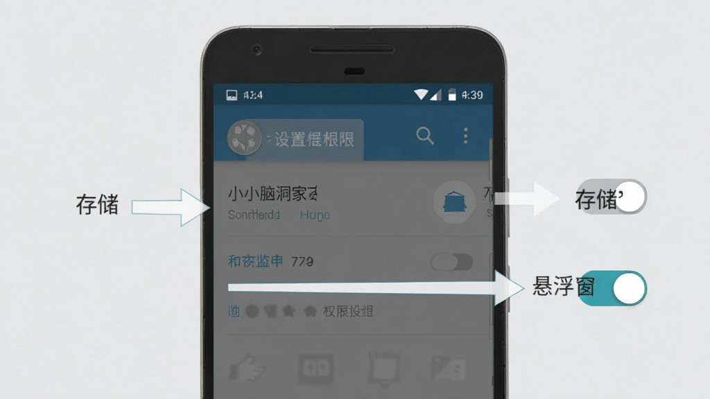 小小脑洞家安装与权限设置示意图,画面展示一部安卓手机屏幕,屏幕上显示应用权限管理界面,旁边有箭头指向