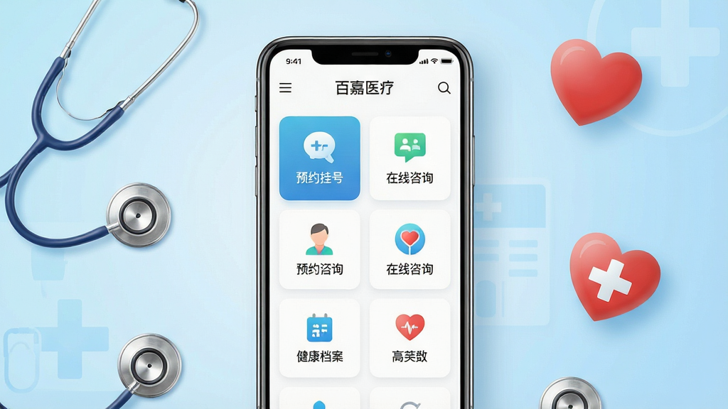 һ��չʾ�ټ�ҽ���ƶ�Ӧ�ý���ĳ���ͼ������Ϊһ�������ֻ�����Ļ����ʾ�ټ�ҽ��APP����ҳ���棬����ԤԼ�Һš�������ѯ�����������ȹ���ģ��ͼ�ꡣ���ֲ��þ��й�ͼ���ֻ����ڻ������룬����Ϊ��͵�ǳ��ɫ����ҽ������ɫ�����Ű����ֻ���Ļ���������ɼ�������ͼ���������롣���Ϊ�ִ���Լ�Ƽ��磬ϸ�����ֻ���Χ��׺�����������ġ�ʮ�ֱ�־��ҽ��Ԫ�أ����ʸ��塢�ɾ����޶���Ԫ�ء�