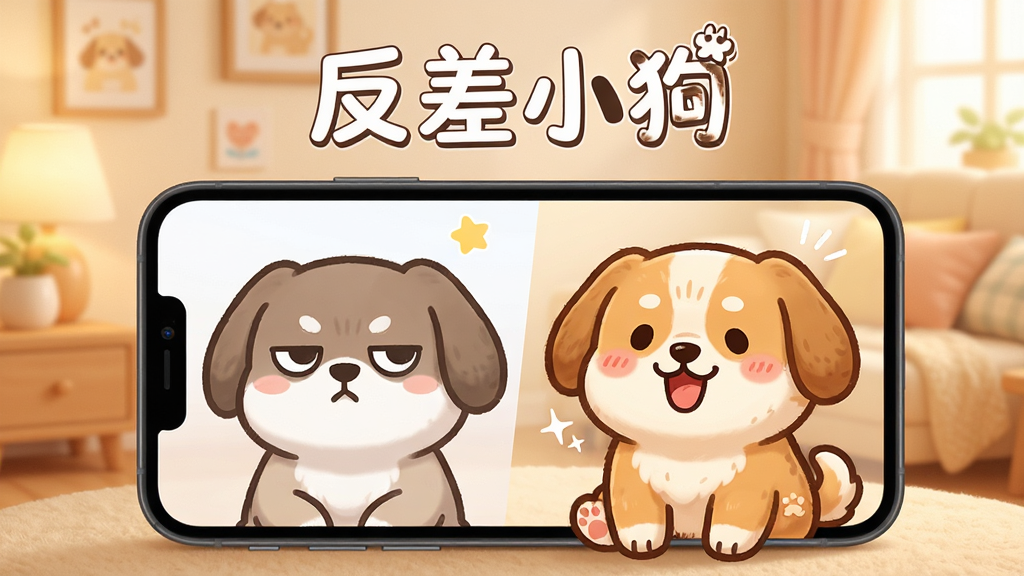 一只可爱的卡通小狗坐在手机屏幕前,表情从高冷切换为热情,背景是柔和的暖色调房间,画面中央上方有“反差小狗”四个中文字,整体风格清新治愈,细节丰富,画质干净清晰,无多余元素
