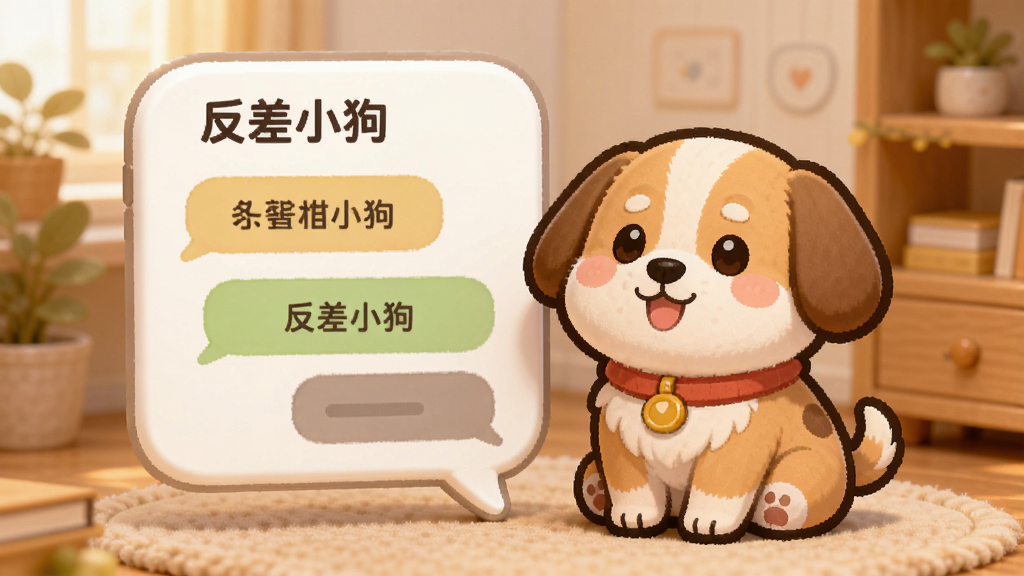 一只卡通小狗坐在聊天对话框旁边,对话框中有“反差小狗”字样和几条对话气泡,背景是温馨的室内场景,整体风格柔和可爱,细节清晰,画质干净,无多余装饰