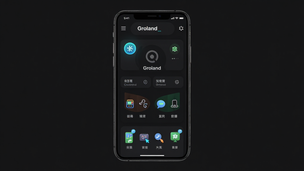 Groland Ӧ��������չʾ����ɫ����������ɫͼ�꣬�ֻ���Ļ���У�չʾ������ҳ�����빦����ڣ�����ִ���񣬸��廭�ʣ��ɾ��޶���Ԫ��