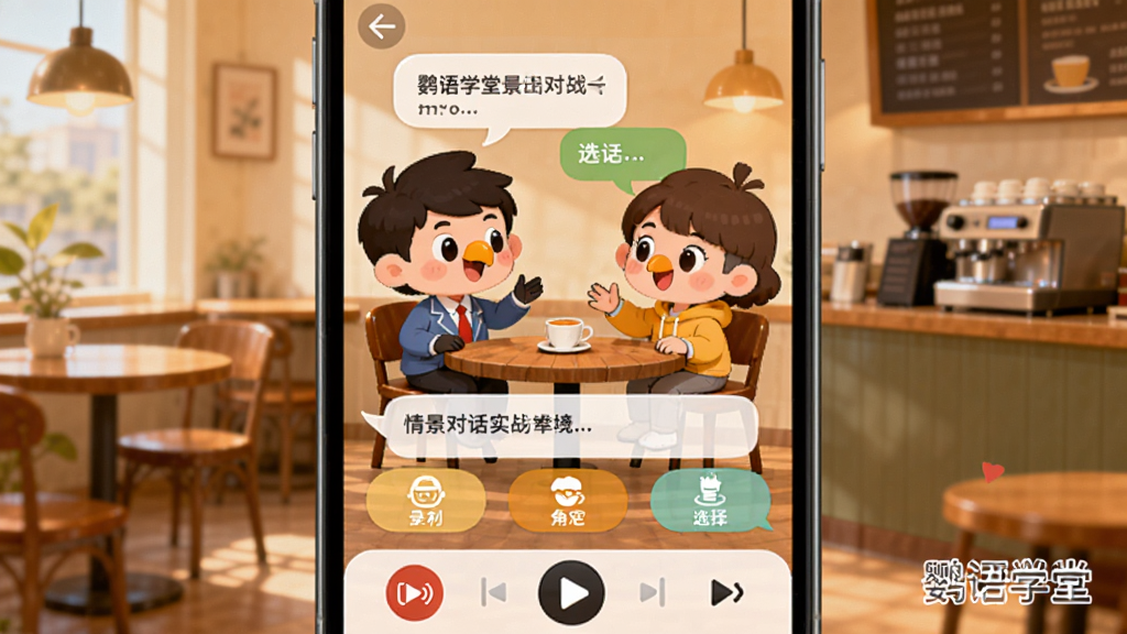 ����ѧ���龰�Ի�ʵս���棬�ֻ���Ļ��ʾ������ͨ�����ڿ������Ի��ĳ����廭���·�Ϊ�Ի��������ɫѡ��ť����Ļ�ײ���¼���벥�ſ�����������ɫ����ů���������Ϳɰ������沼�����������С�����ѧ�á�ˮӡ��ʶ������ϸ�壬�޶���Ԫ�ء�