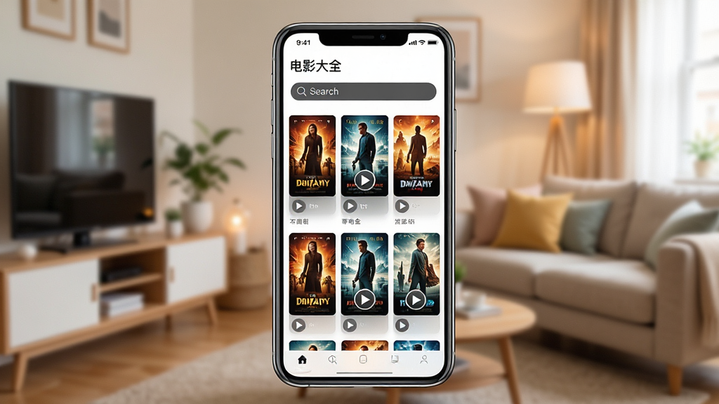 һ��չʾ�����ֻ���Ļ�Ļ��棬��Ļ����ʾ�ŵ�Ӱ��ȫApp����ҳ���棬�����и��ֵ�Ӱ�����������У���������ܰ�ļҾӻ���������ͻ���ֻ�����Ļ���ݣ����ֲ������Ĺ�ͼ�����Ϊ�ִ��Ƽ���дʵ��ϸ�ڰ�����Ӱ���������Ű�ť�������������������������ɾ��޶���Ԫ��