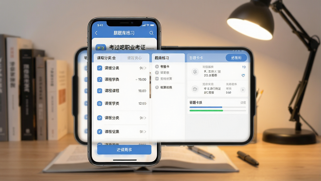 手机屏幕中显示一款名为“考过吧职业考证”的学习软件界面,界面中央是题库练习页面,左侧是课程分类列表,右侧是答题卡与进度条,背景是书桌与台灯,整体布局清晰,风格简洁现代,细节包括按钮图标与文字标签,画质高清,画面干净,无多余元素