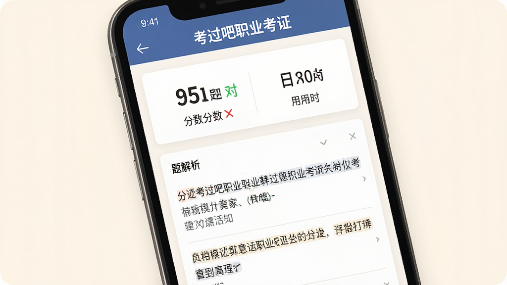 手机屏幕显示“考过吧职业考证”的模拟考试结果页面,页面上方有分数和用时,下方是题目解析列表,背景是柔和的米白色,风格专业,细节包括分数数字、对错标记、解析文字,画质高清,画面干净,无多余元素