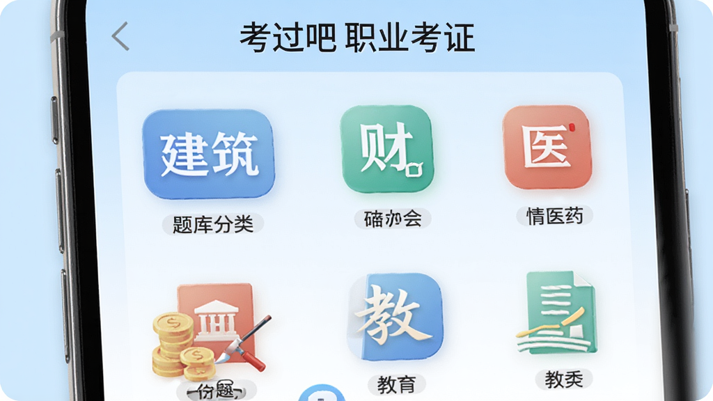 手机应用界面展示“考过吧职业考证”的题库分类页面,页面中排列着建筑、财会、医药、教育等图标,每个图标下方有科目名称,背景是浅蓝色渐变,风格清新,细节包括图标设计、文字排版,画质清晰,画面干净,无多余元素