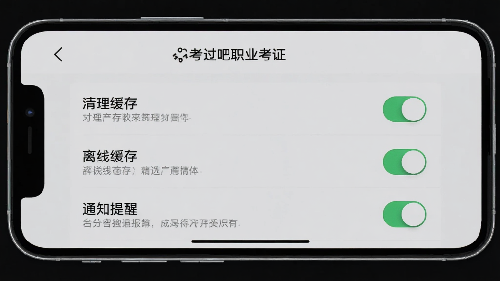手机屏幕显示“考过吧职业考证”的设置页面,页面中有清理缓存、离线缓存、通知提醒等选项,背景是浅灰色,风格简洁,细节包括开关按钮、文字说明,画质清晰,画面干净,无多余元素