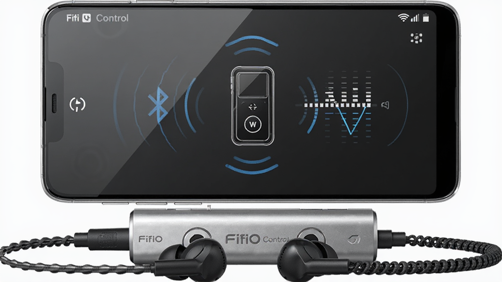 һ�������ֻ���Ļ������ʾ��FiiO Control��Ӧ�������棬����������һ���ɰ���Я���ֲ��������߿�ͼ�꣬��Χ���������źŲ�������������ߣ�����Ϊ���ɫ���䣬�ֻ��·��ڷ�һ̨��ɫ�ɰ����ֲ�������һ����ɫ���ʽ���������岼�־��жԳƣ����Ϊ���Ƽ��в�Ʒ��Ⱦͼ��ϸ�ڰ����ֻ���Ļ���⡢�����������ʸС������߲����������ʸ��壬�ɾ����޶���Ԫ��