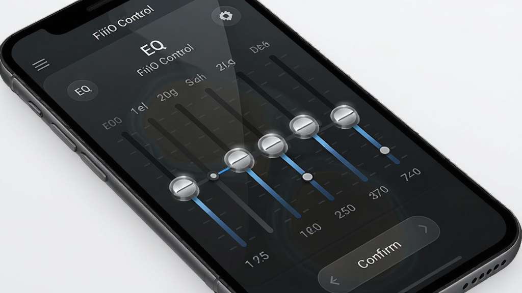 һ�Ž���ʾ��ͼ���ֻ���Ļ��ʾ��FiiO Control���ľ���������ҳ�棬ʮ��Ƶ�����ӳʻ������У���Ļ�Ϸ��С�EQ���͡�FiiO Control������������Ϊ��ɫ��͸�������ʸУ����Ϊ�ִ� UI ���չʾͼ��ϸ�ڰ��������ϵĸ߹�Բ�㡢Ƶ����ֵ��ǩ���ײ�ȷ�ϰ�ť�����ʸ��壬�ɾ����޶���Ԫ��
