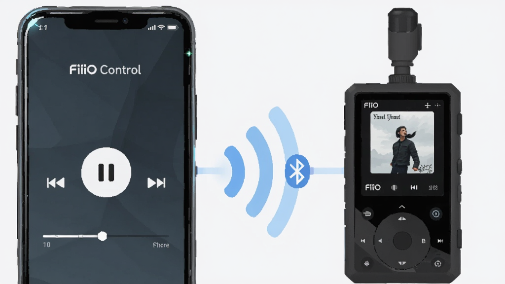 һ�Ų�Ʒչʾͼ�����������һ�������ֻ�����Ļ����ʾ��FiiO Control���Ĳ��ſ��ƽ��棬�в�����ͣ��ť�ͽ��������Ҳ���һ̨�ɰ���Я������������֮���õ���ɫ�����ź������ӣ�����Ϊǳ�Ұ�ɫ�����Ϊ��ƽ���Ƽ��廭��ϸ�ڰ����ֻ���Ե�߹⡢��������Ļ�ϵ�ר����������ͼ������ͼ�꣬�����������ɾ����޶���Ԫ��