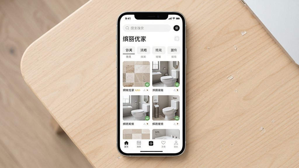 һ��չʾ�����żҼҾӹ���APP��ҳ������ֻ�ģ��ͼ������Ϊһ�����������ֻ�����Ļ����ʾ�Ҿ���Ʒ���ർ���ʹ�ש����ԡ����Ʒ����ͼ������Ϊ�ֻ����з�����ǳɫľ�����棬�Ű���ɾ������Ϊ�ִ���Լ�Ƽ��磬ϸ�ڰ���APP�����������͵ײ�������ͼ�꣬���ʸ��壬�ɾ����޶���Ԫ��